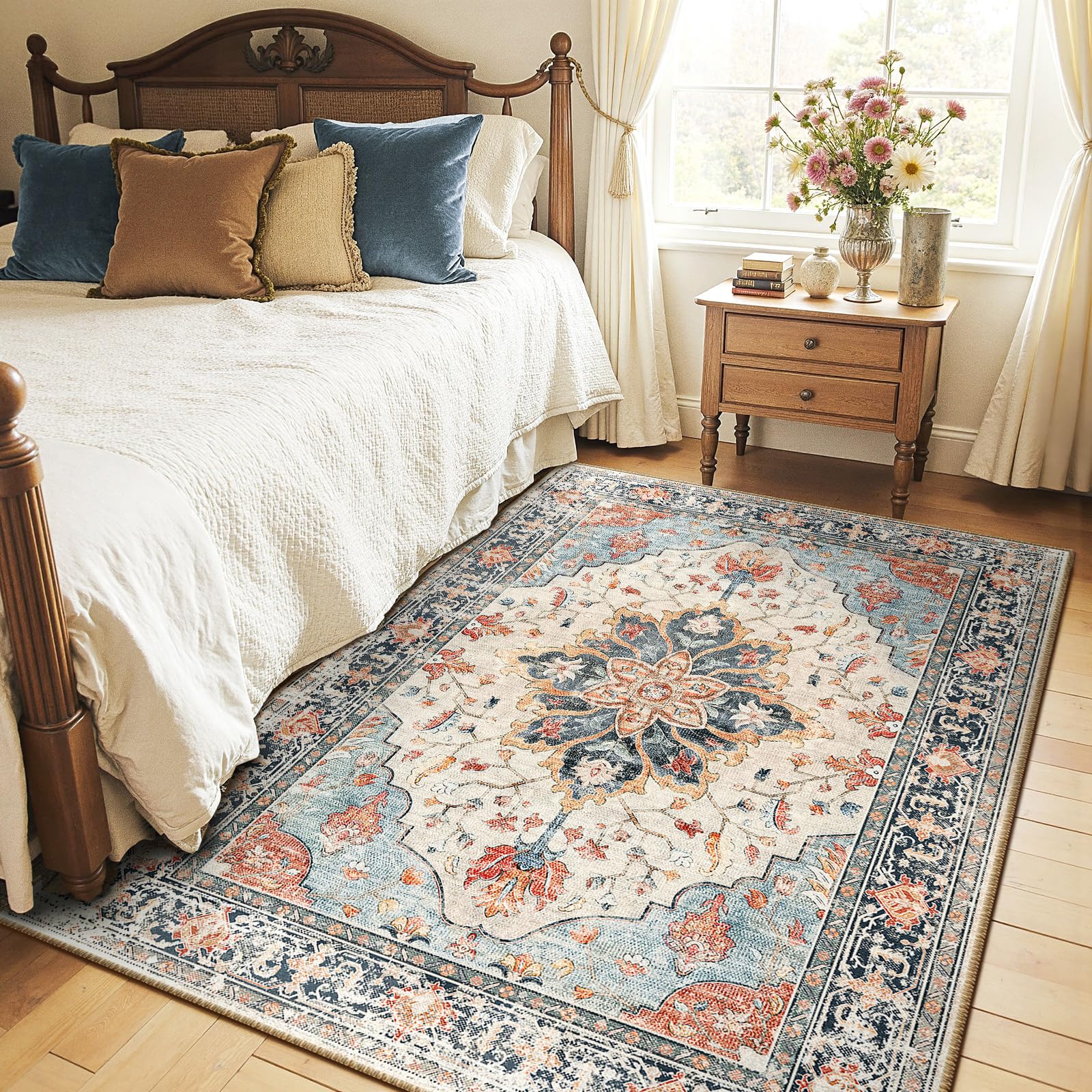 Washable Vintage Floral Area Rug