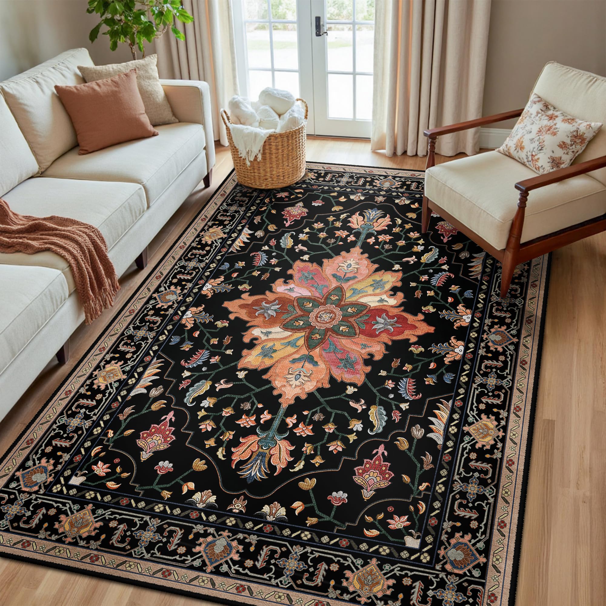 Washable Vintage Floral Area Rug