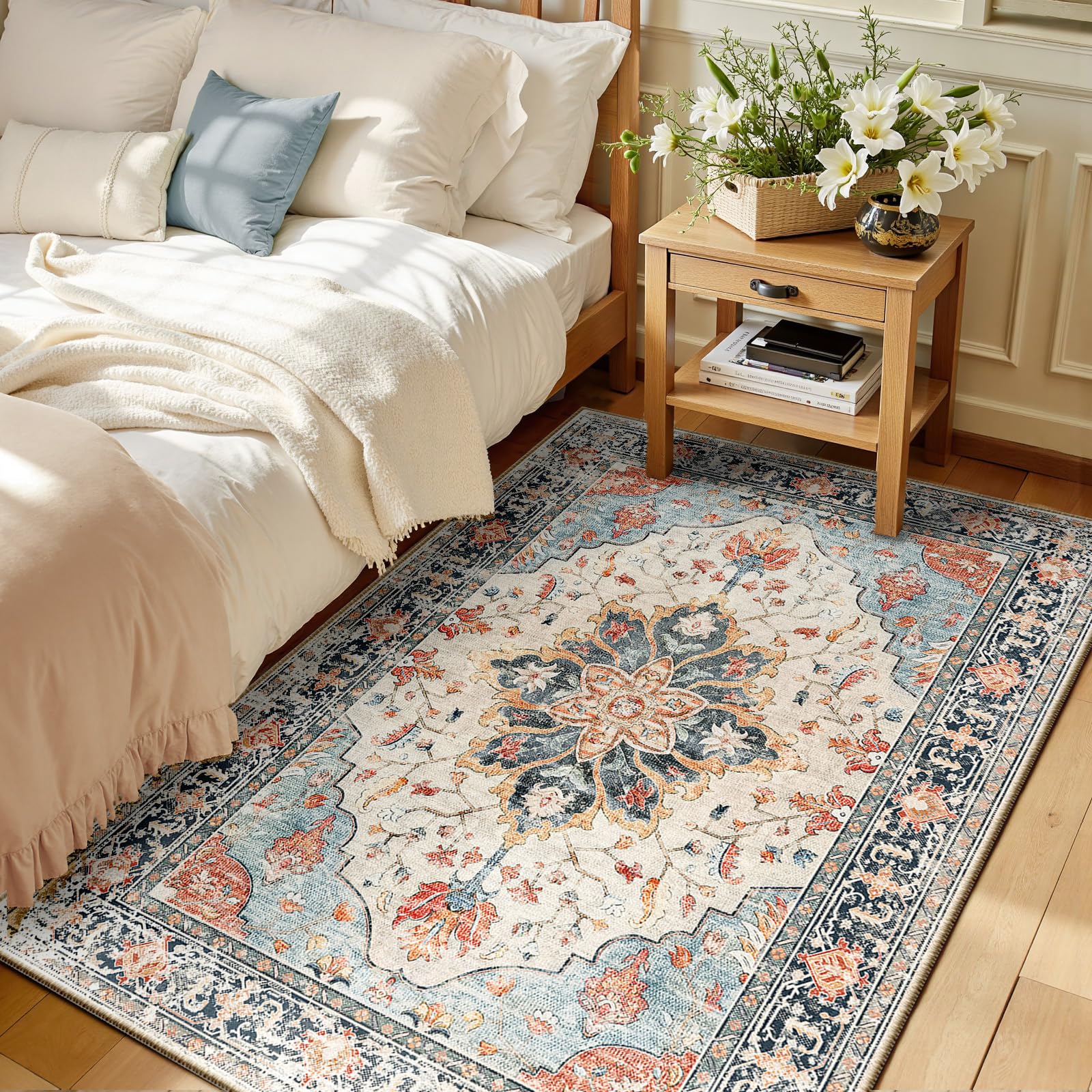 Washable Vintage Floral Area Rug