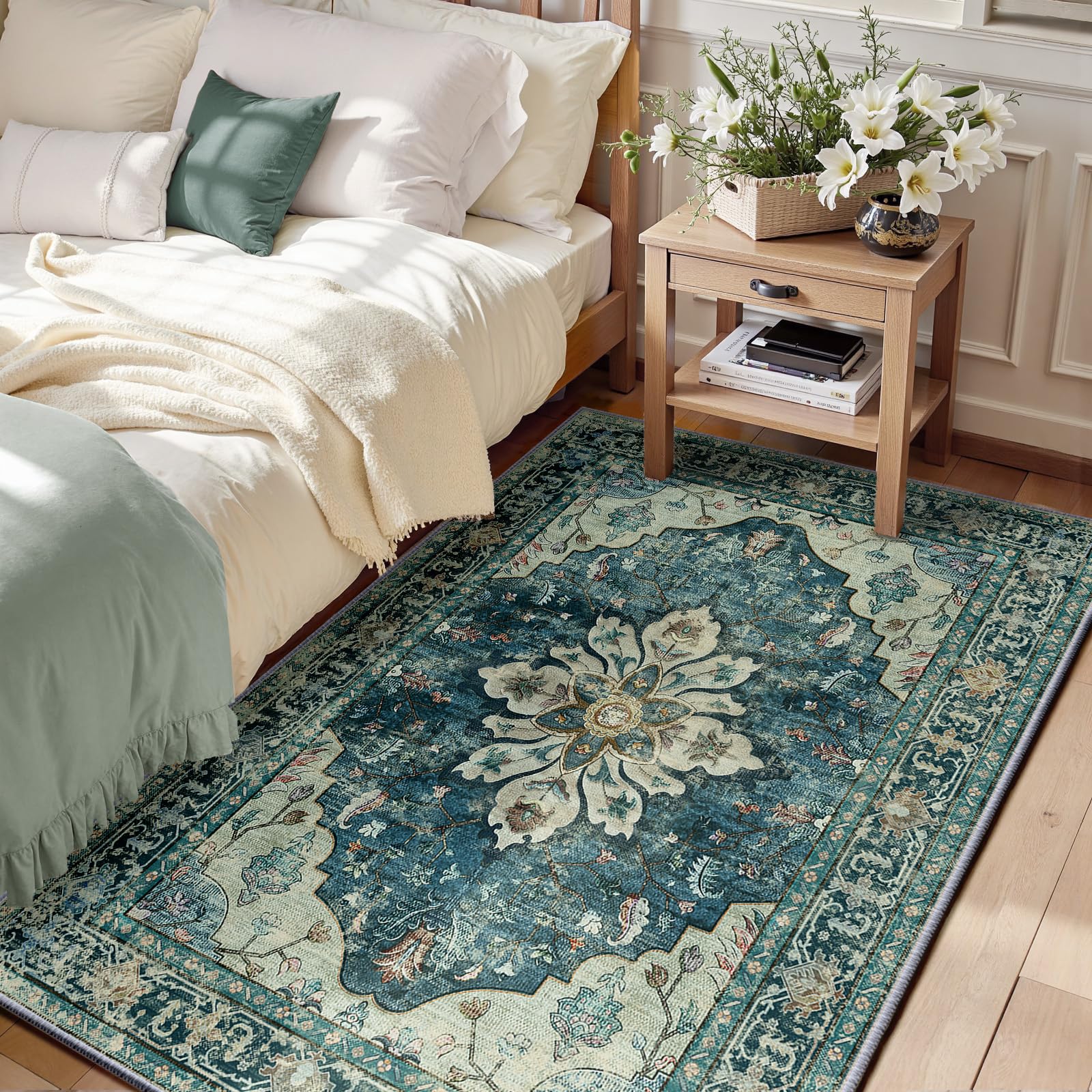 Washable Vintage Floral Area Rug