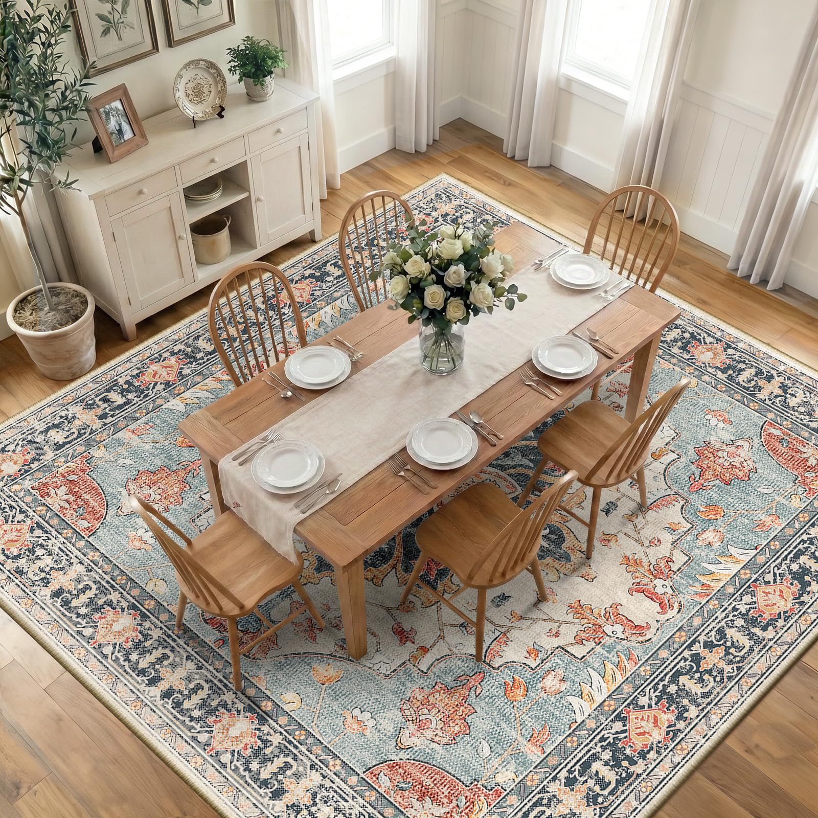 Washable Vintage Floral Area Rug