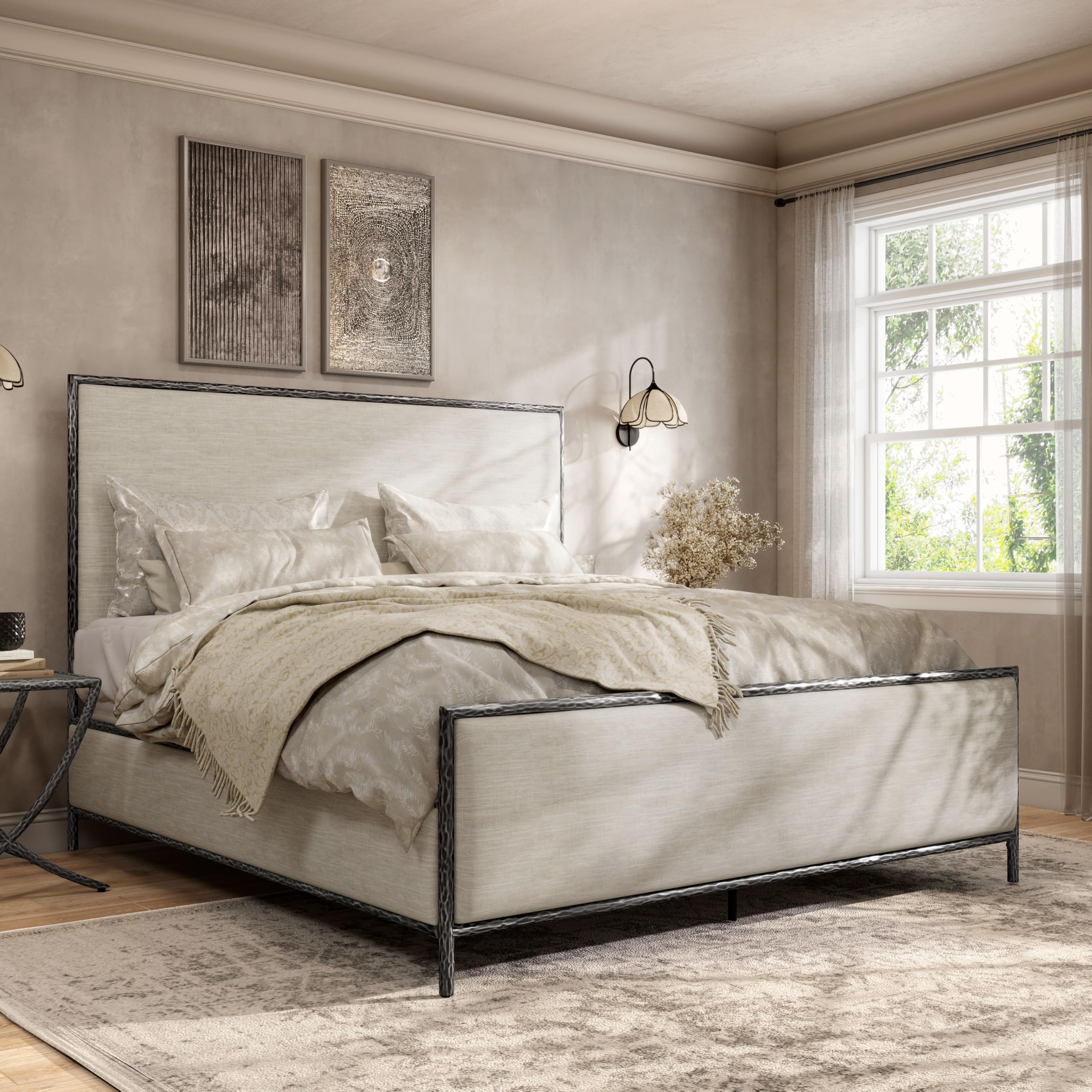 Hammered Metal Upholstered Bed with Headboard