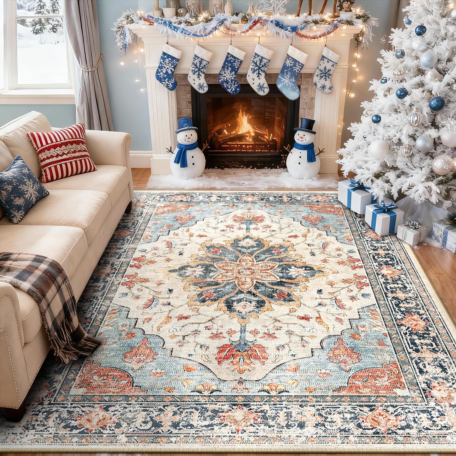 Washable Vintage Floral Area Rug