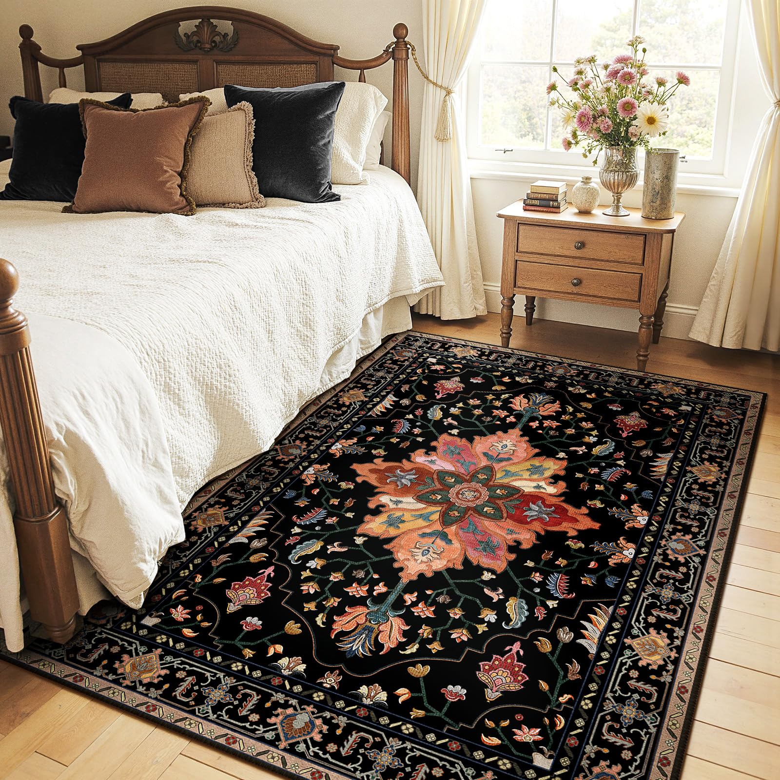 Washable Vintage Floral Area Rug