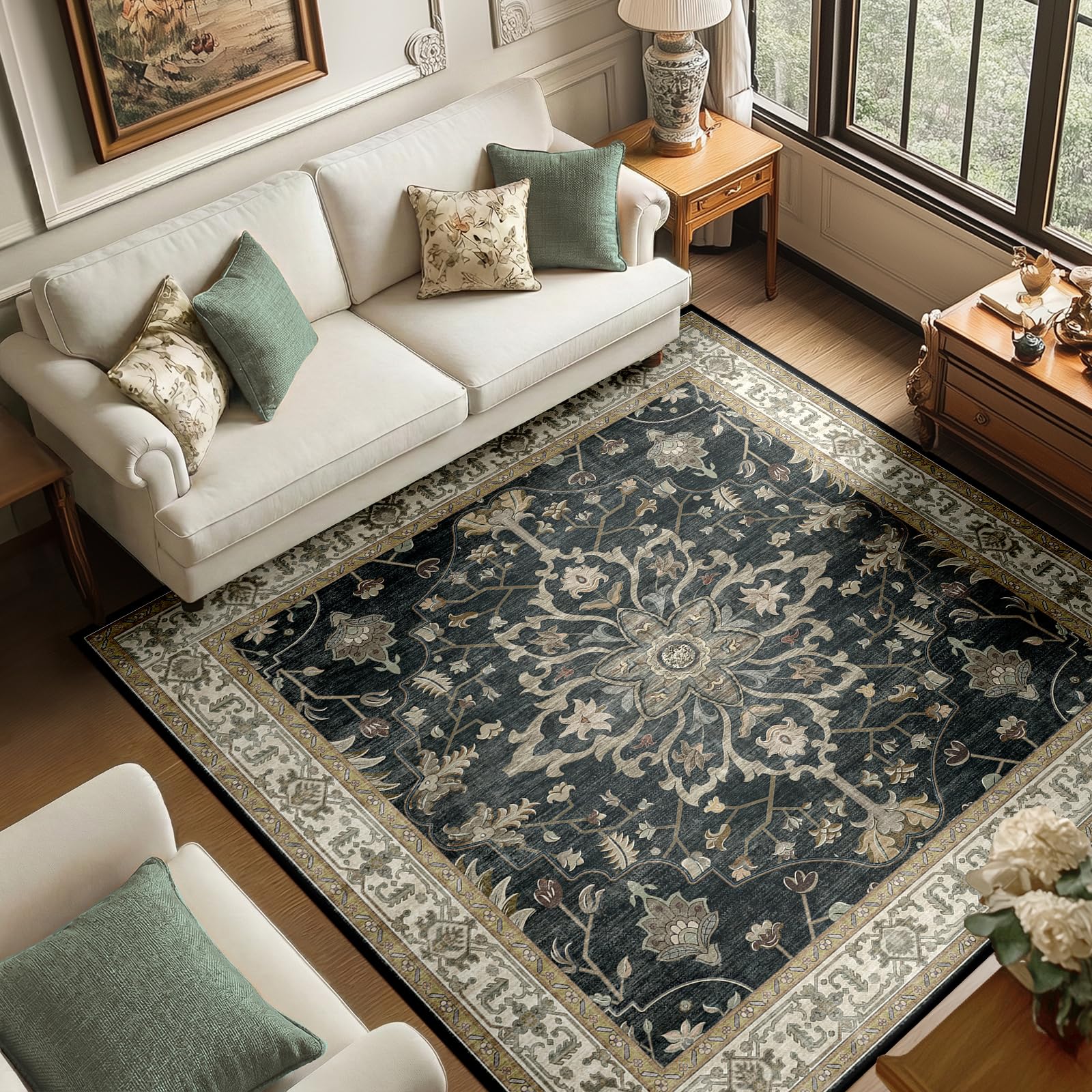 Washable Vintage Floral Area Rug
