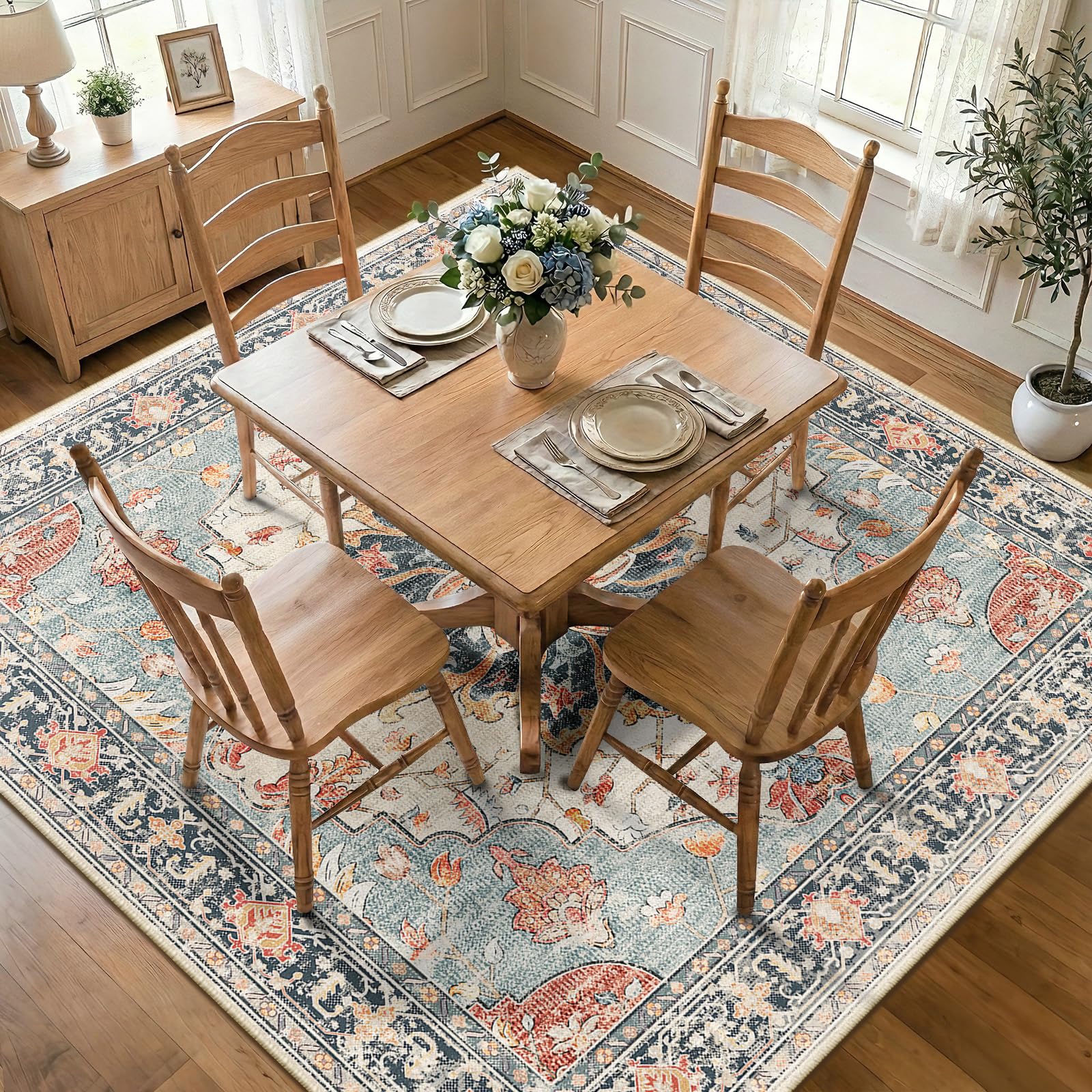 Washable Vintage Floral Area Rug