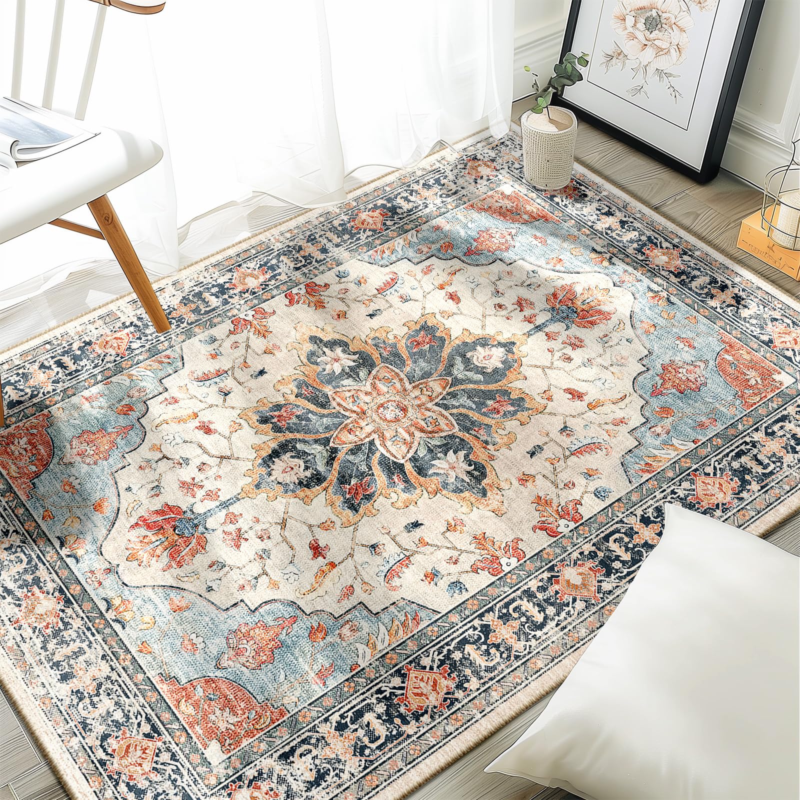 Washable Vintage Floral Area Rug