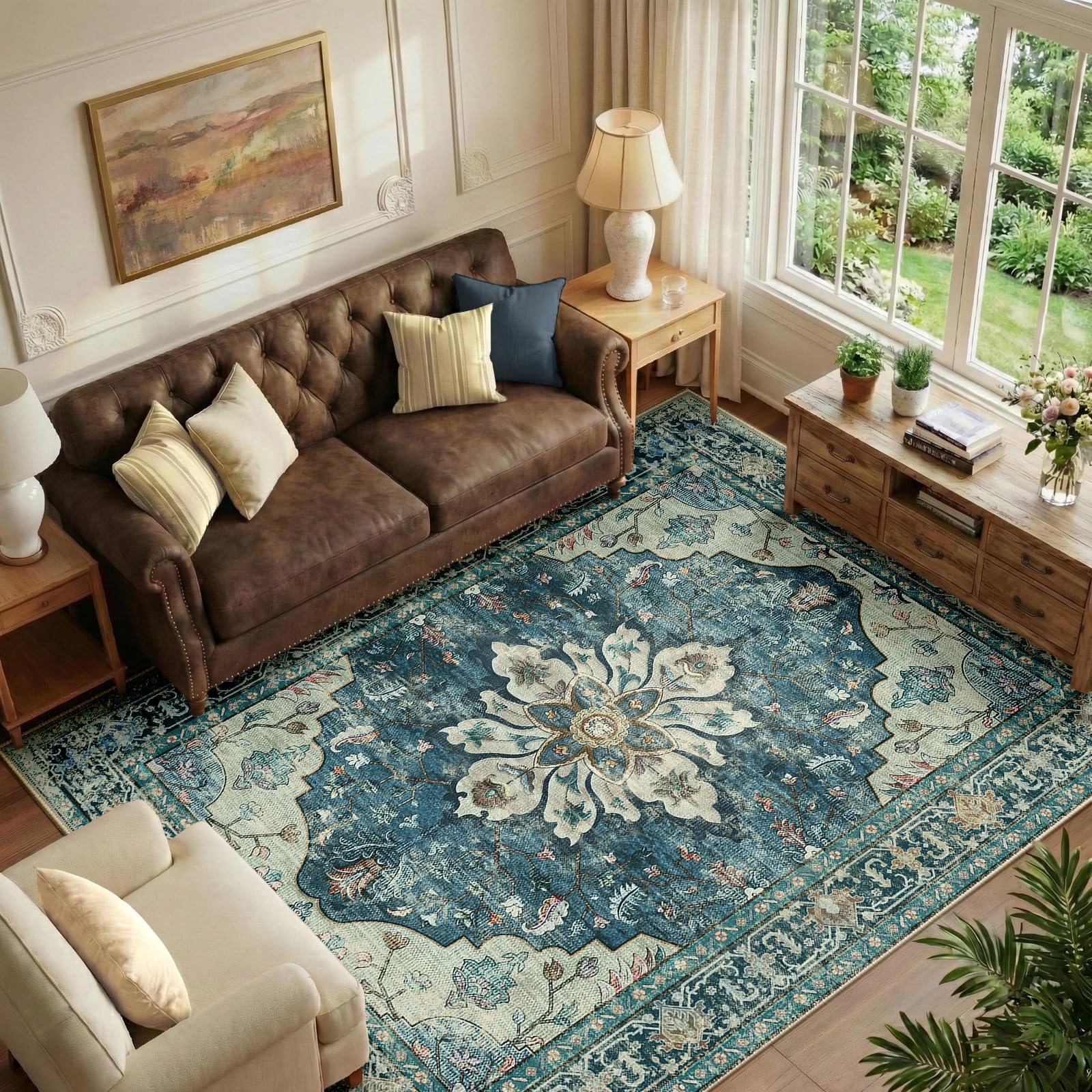 Washable Vintage Floral Area Rug