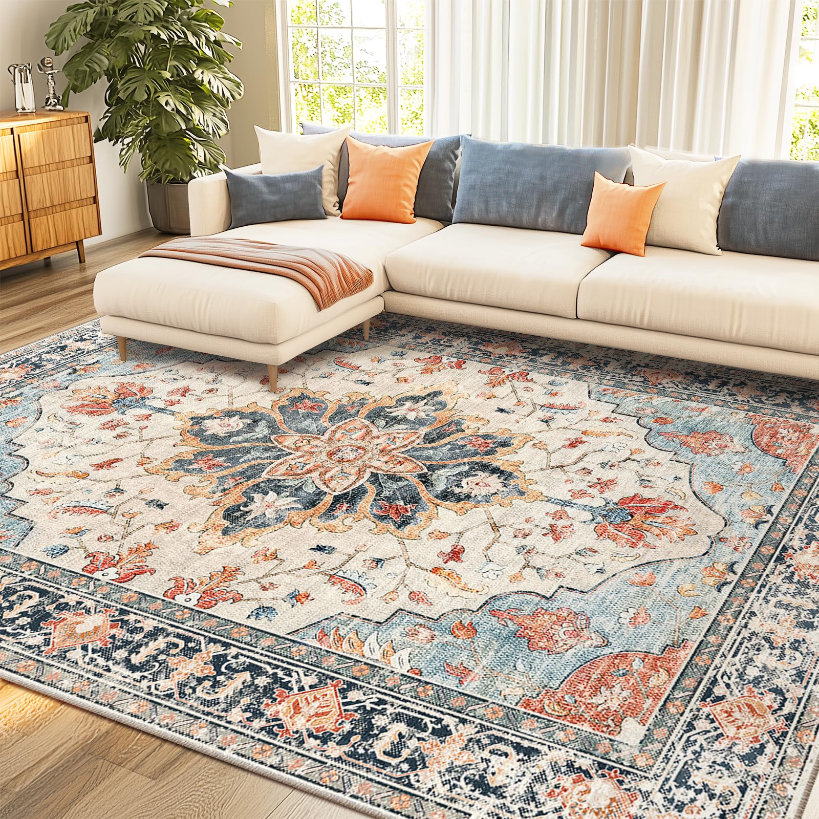 Washable Vintage Floral Area Rug