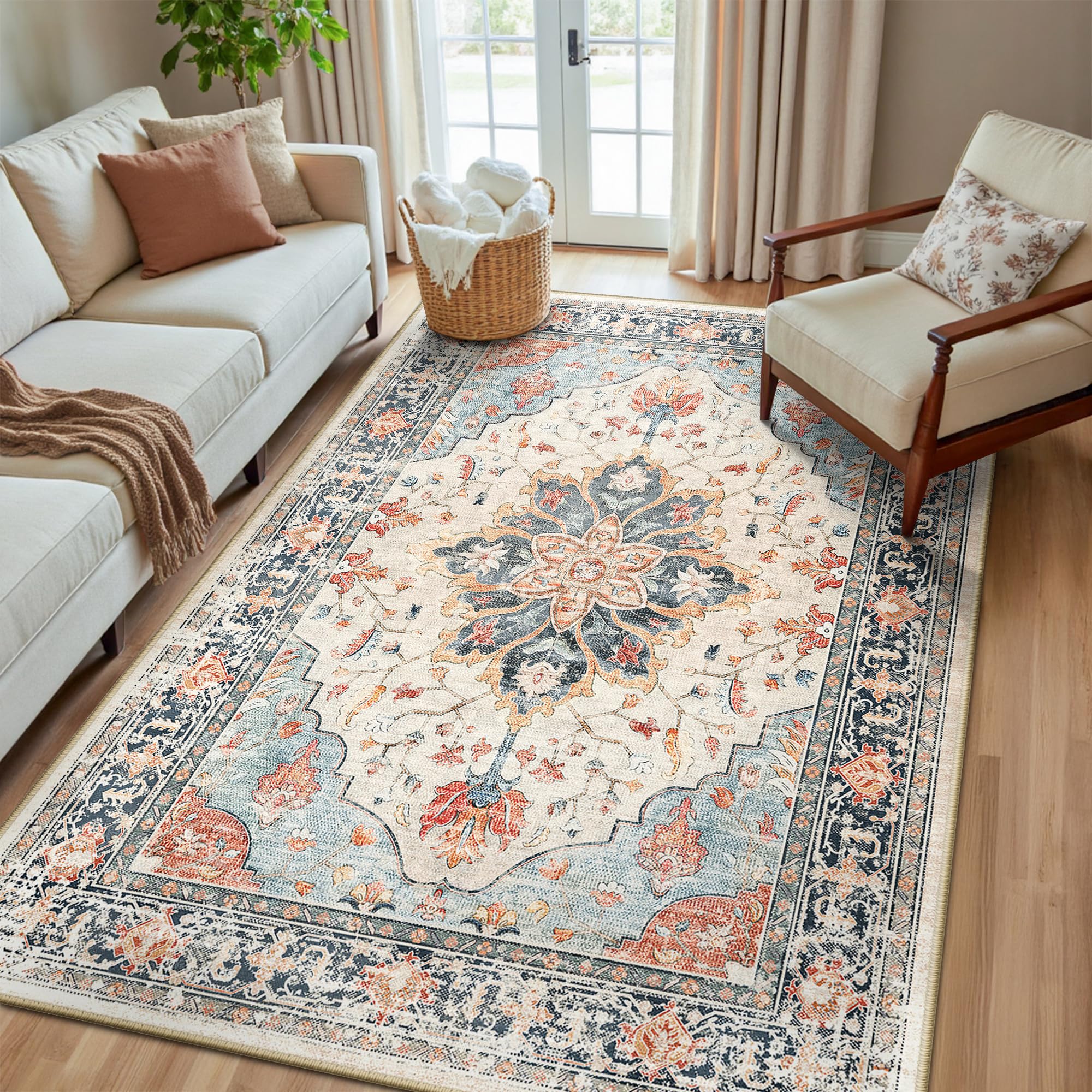 Washable Vintage Floral Area Rug