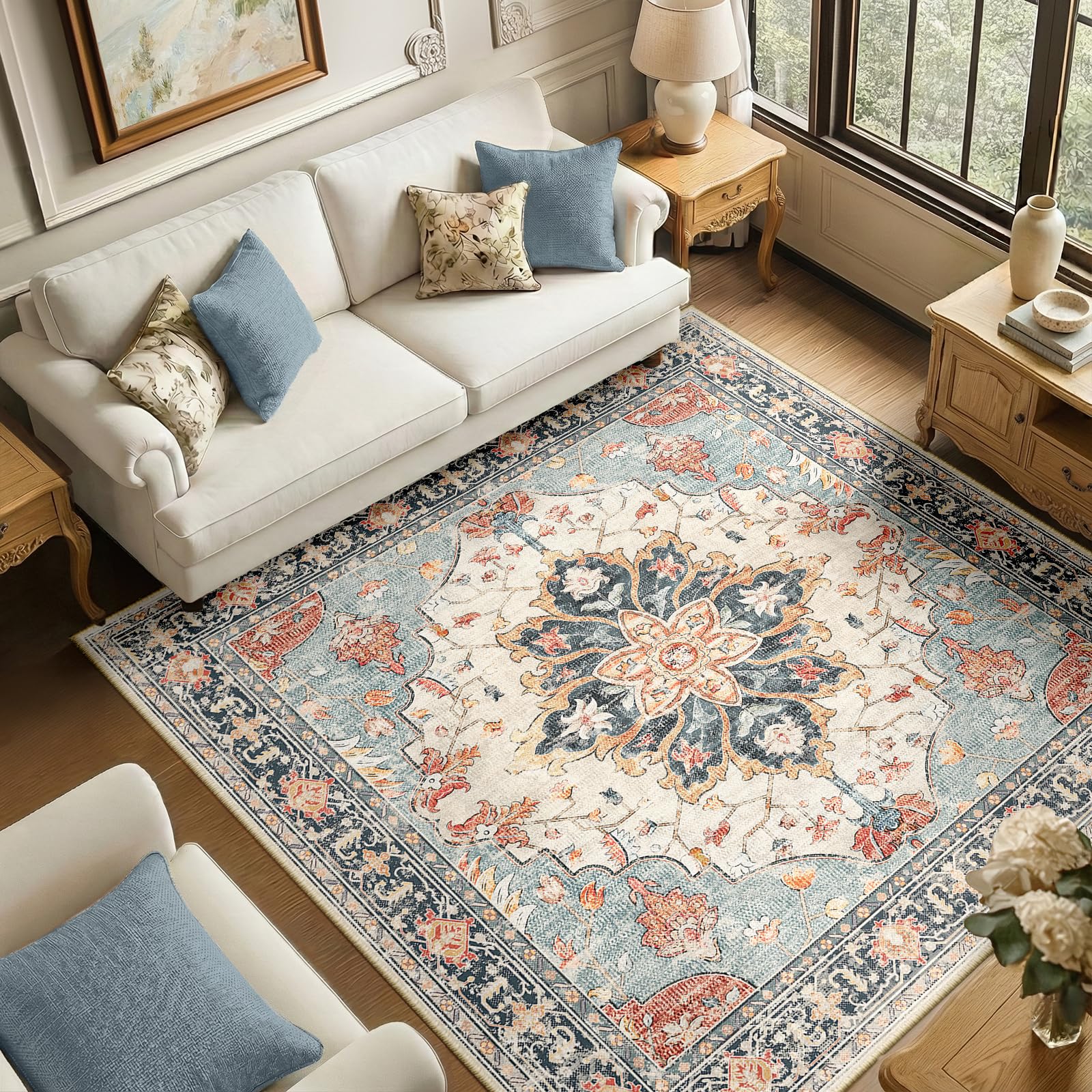 Washable Vintage Floral Area Rug