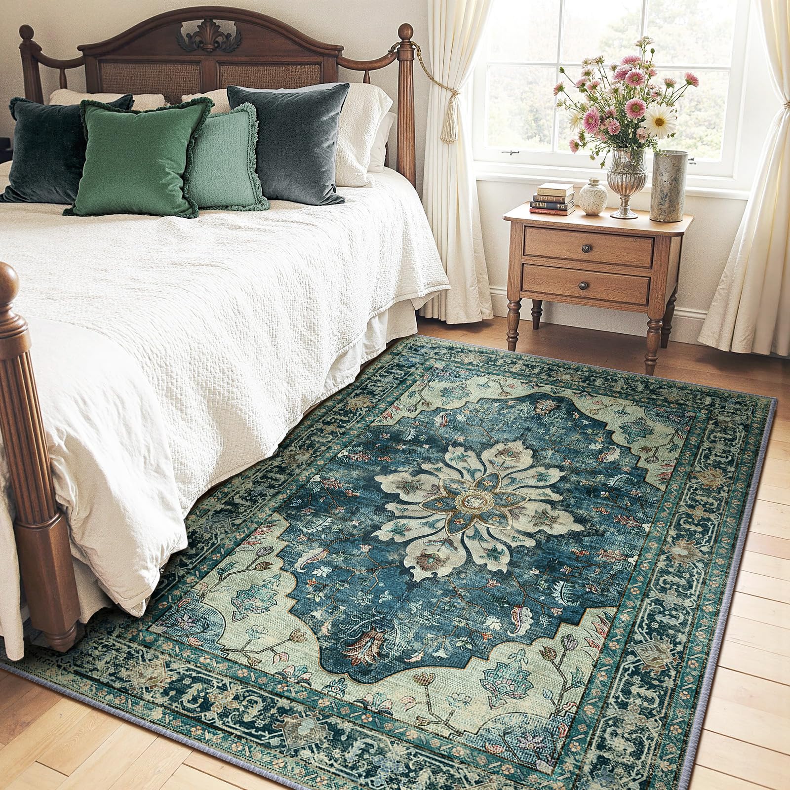 Washable Vintage Floral Area Rug