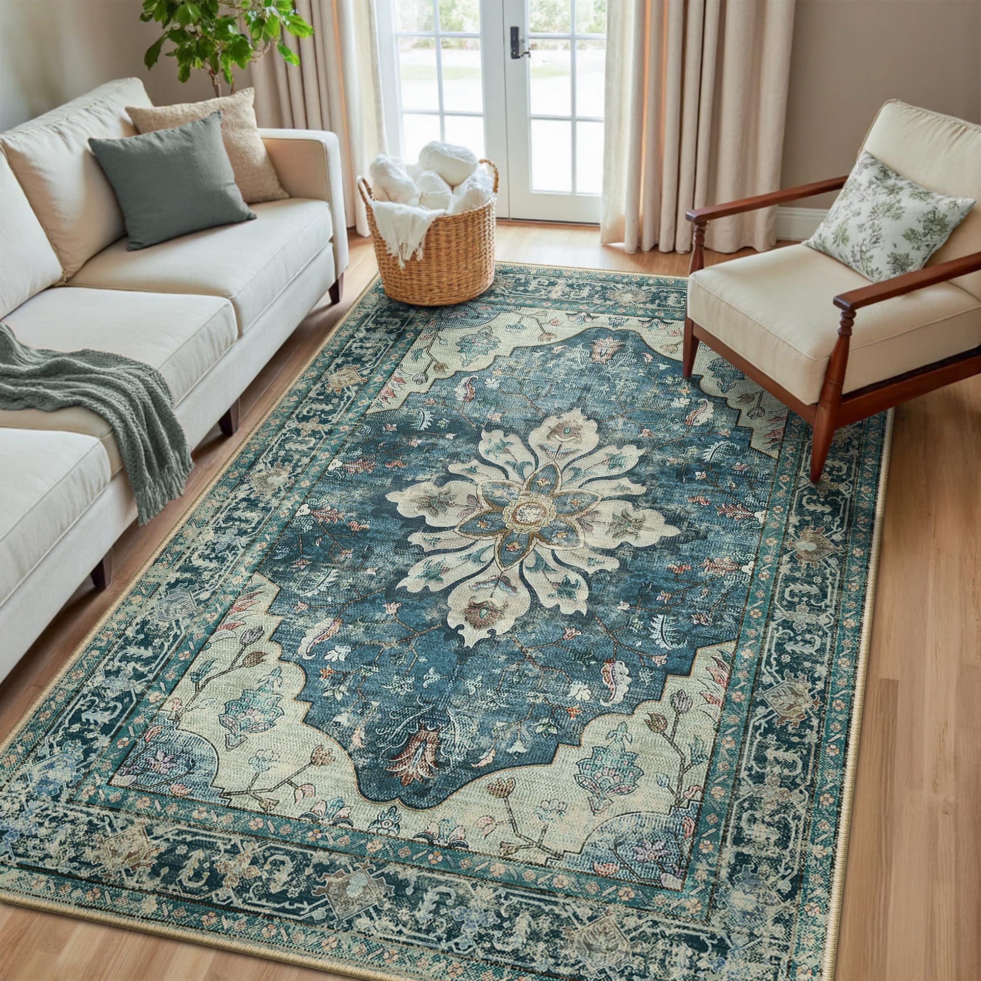 Washable Vintage Floral Area Rug