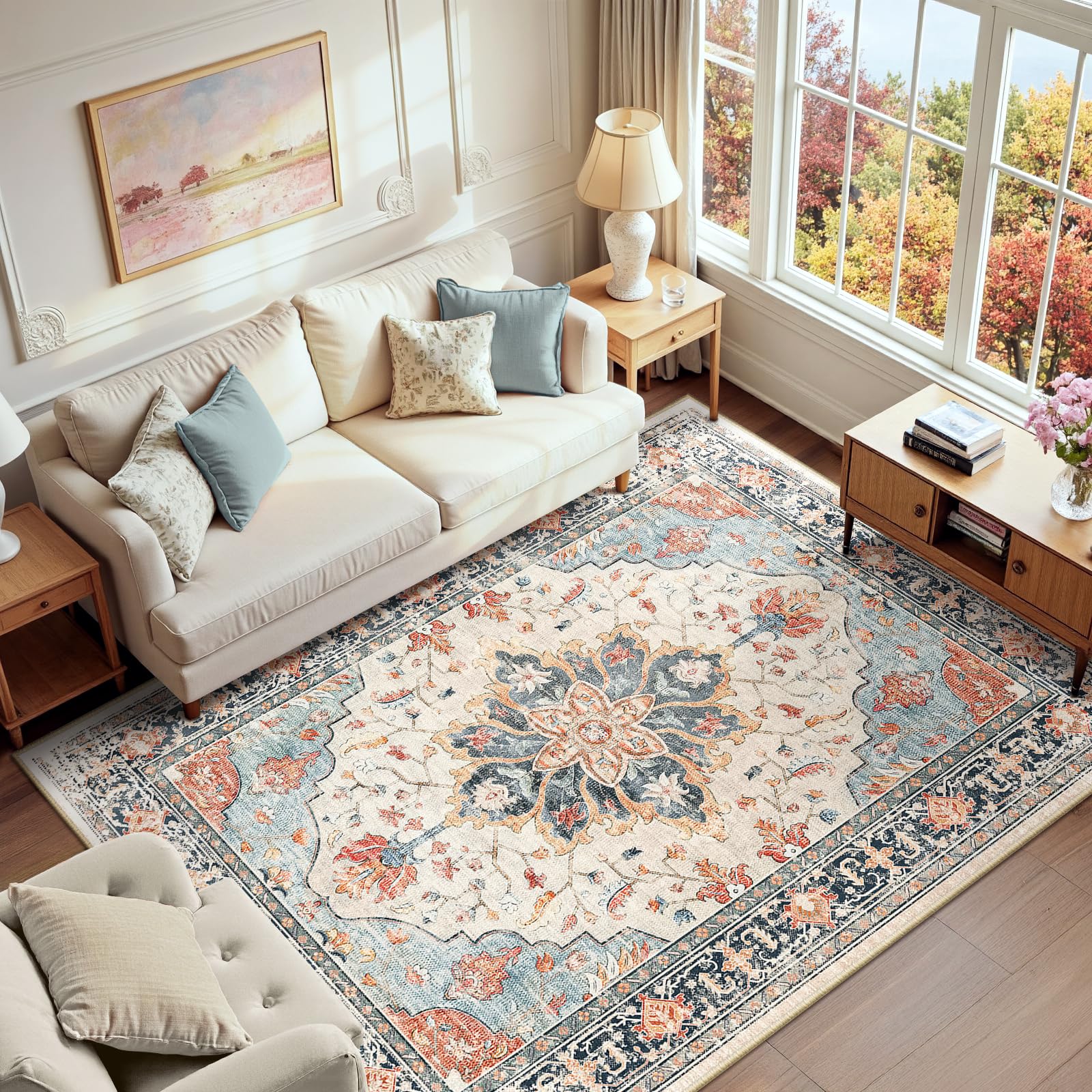 Washable Vintage Floral Area Rug